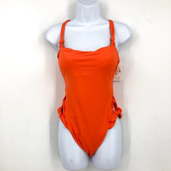 BECCA Baja Mar One Piece Swimsuit Large Orange Carrot Bow Side Cut Out NWT - Picture 4 of 10